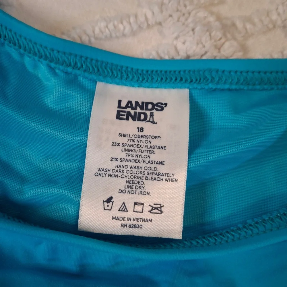Lands' End Womens 18 Tankini Top Blue High Neck Shelf Bra Lycra Modest NWT